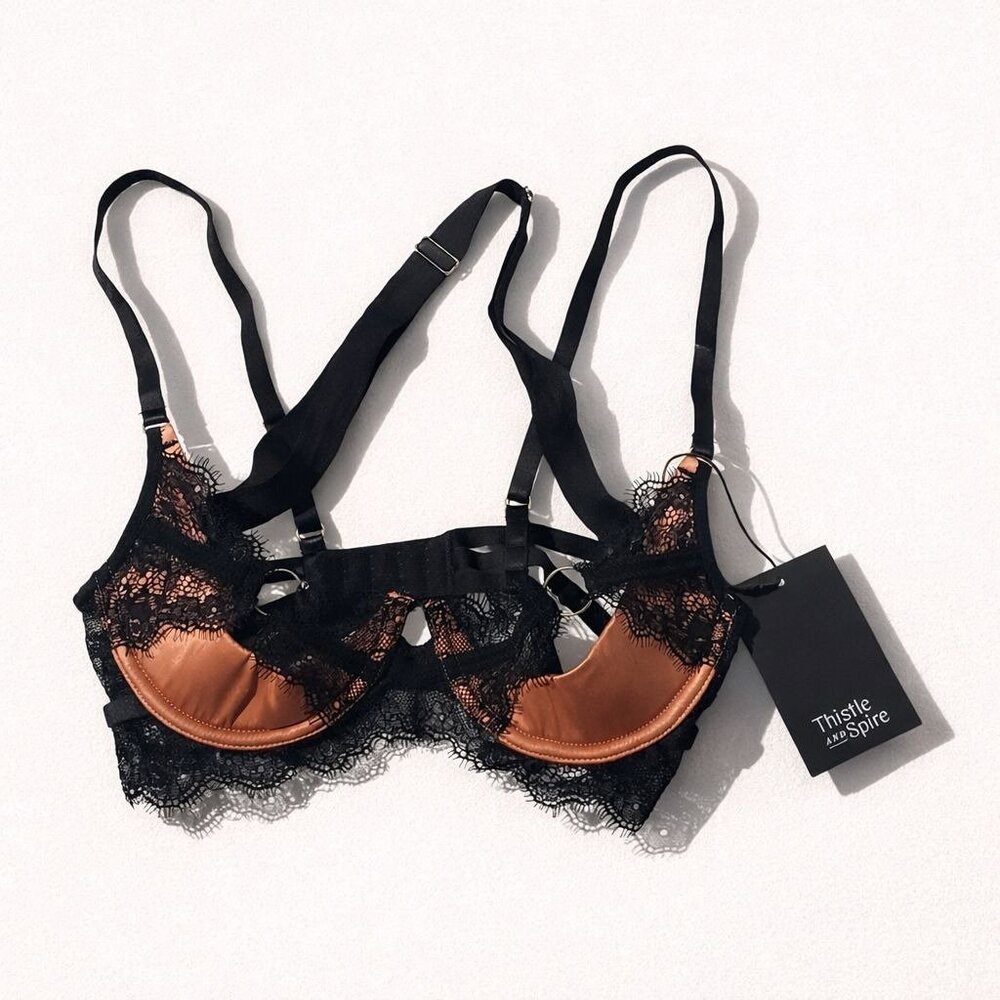 Thistle and Spire Narcissa Bra Black Peach Lace Strappy Underwire Women’s XS